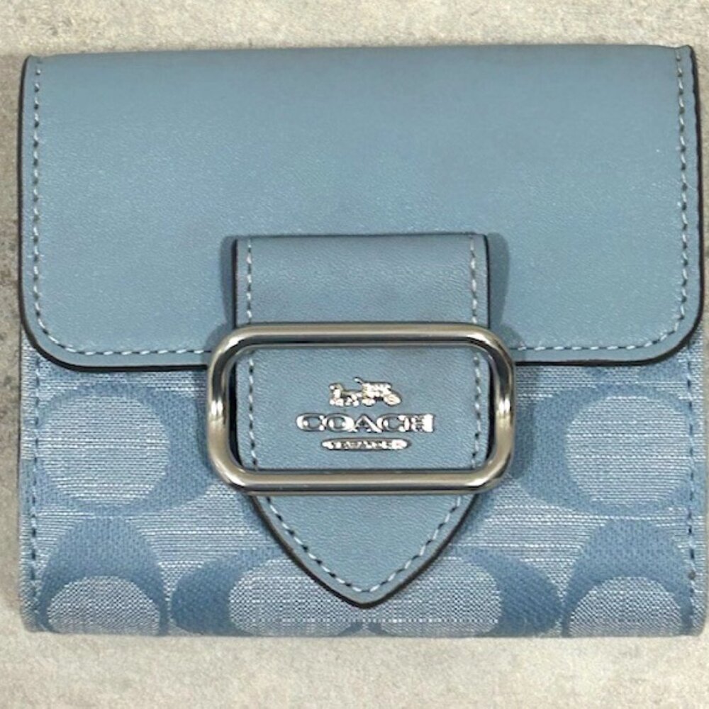 Coach Small Morgan Wallet In Signature Chambray Silver/Cornflower NEW